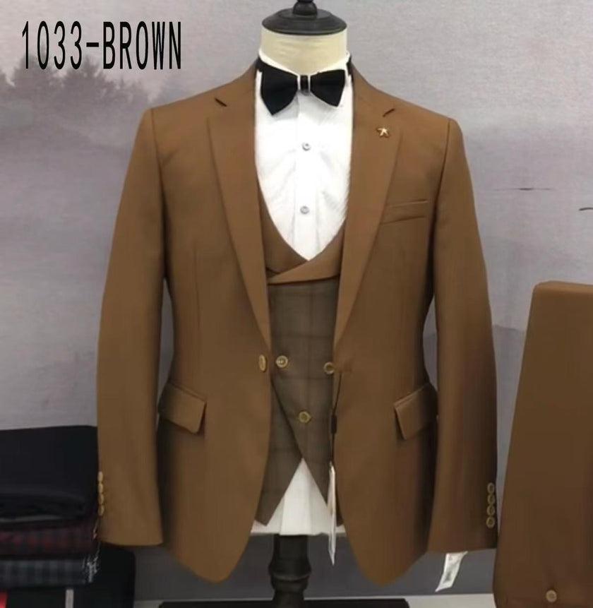 Brown slim-fit suit set with plaid waistcoat and black bow tie