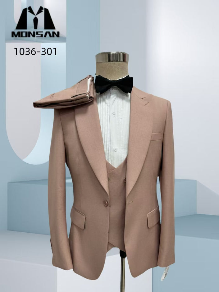Blush pink slim-fit 3-piece suit with peak lapel blazer, waistcoat, bow tie