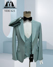 Mint green slim fit suit set with peak lapel jacket, waistcoat, and bow tie
