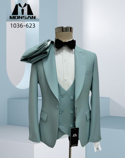 Mint green slim fit suit set with peak lapel jacket, waistcoat, and bow tie