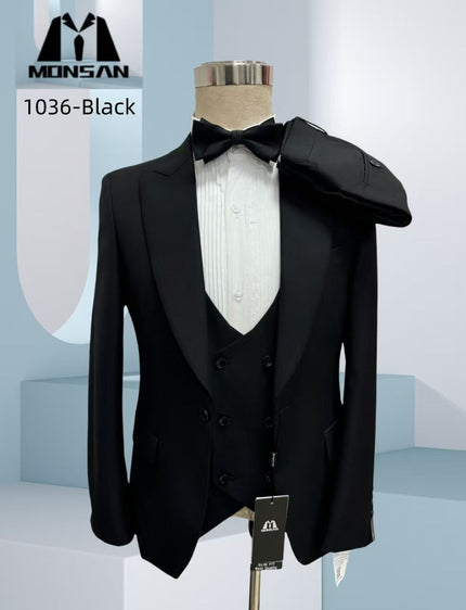 Black three-piece peak lapel suit with matching vest and bow tie
