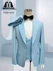 Men's light blue slim-fit 3-piece suit on mannequin: blazer, vest, trousers, bow tie.