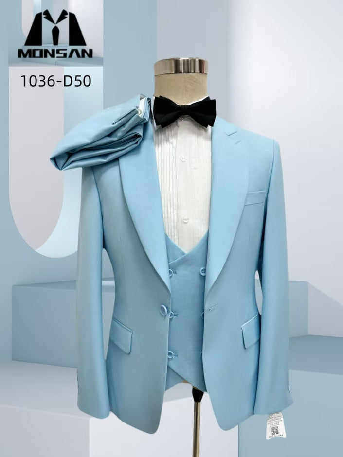Men's light blue slim-fit 3-piece suit on mannequin: blazer, vest, trousers, bow tie.