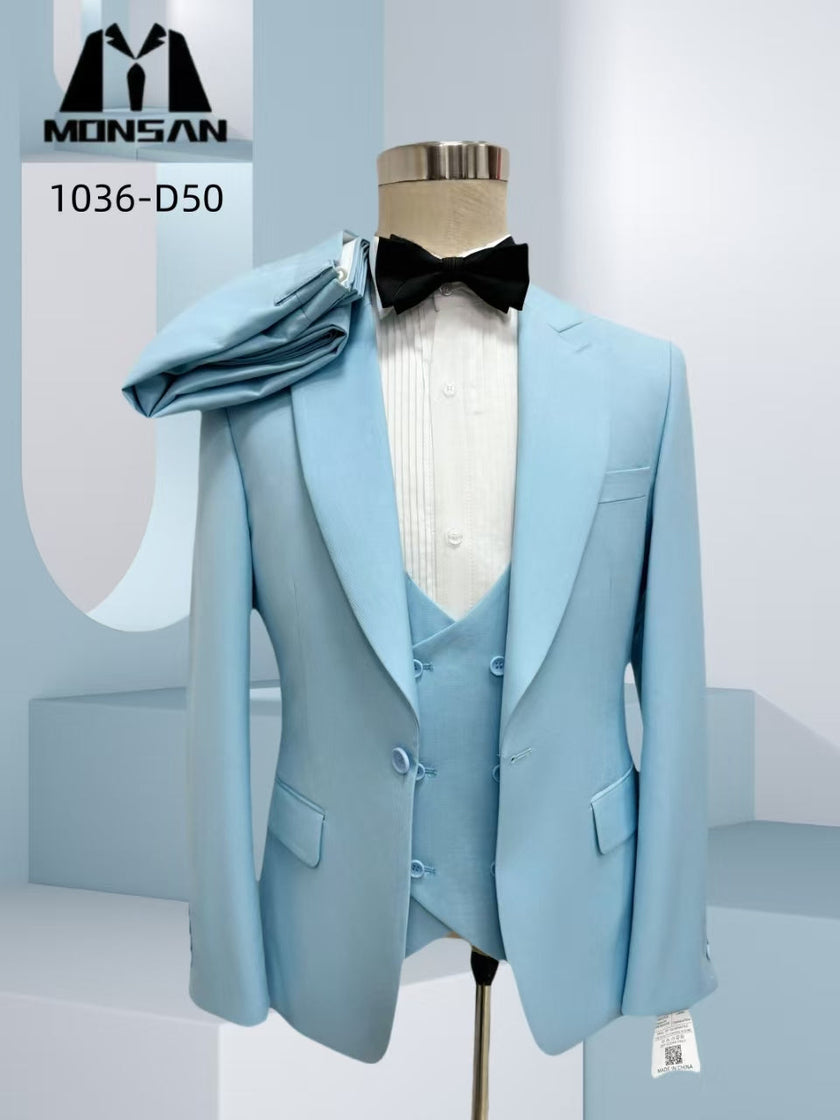 Men's light blue slim-fit 3-piece suit on mannequin: blazer, vest, trousers, bow tie.