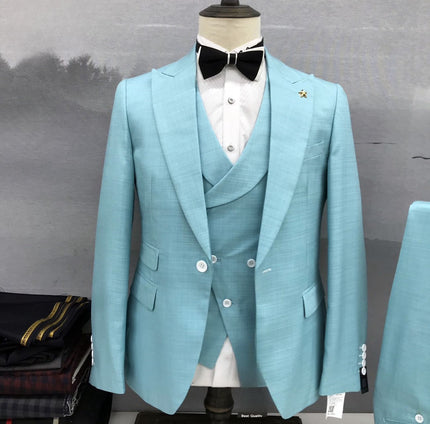 Light blue textured three-piece suit with notched lapel jacket and matching waistcoat