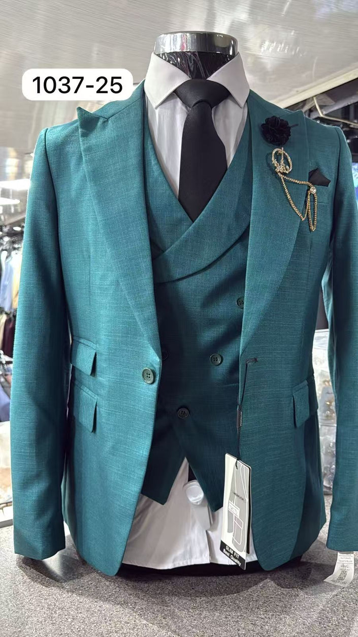 Teal slim fit 3-piece suit with peak lapel blazer, waistcoat, and tie
