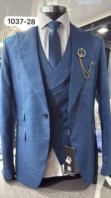 Blue 3-piece suit with peak lapels, matching vest and tie