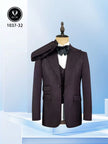 Mens slim fit peak lapel 3-piece suit in dark brown, with jacket and vest, bow tie