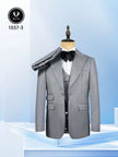 Light grey slim-fit formal suit with vest and black bow tie, single-breasted jacket