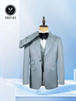 Slim fit peak lapel suit with single-breasted blazer, waistcoat, bow tie, light grey blue