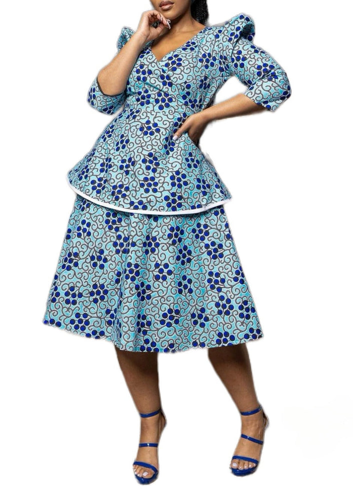 Blue patterned A-line dress with puff sleeves, V-neck and tiered skirt