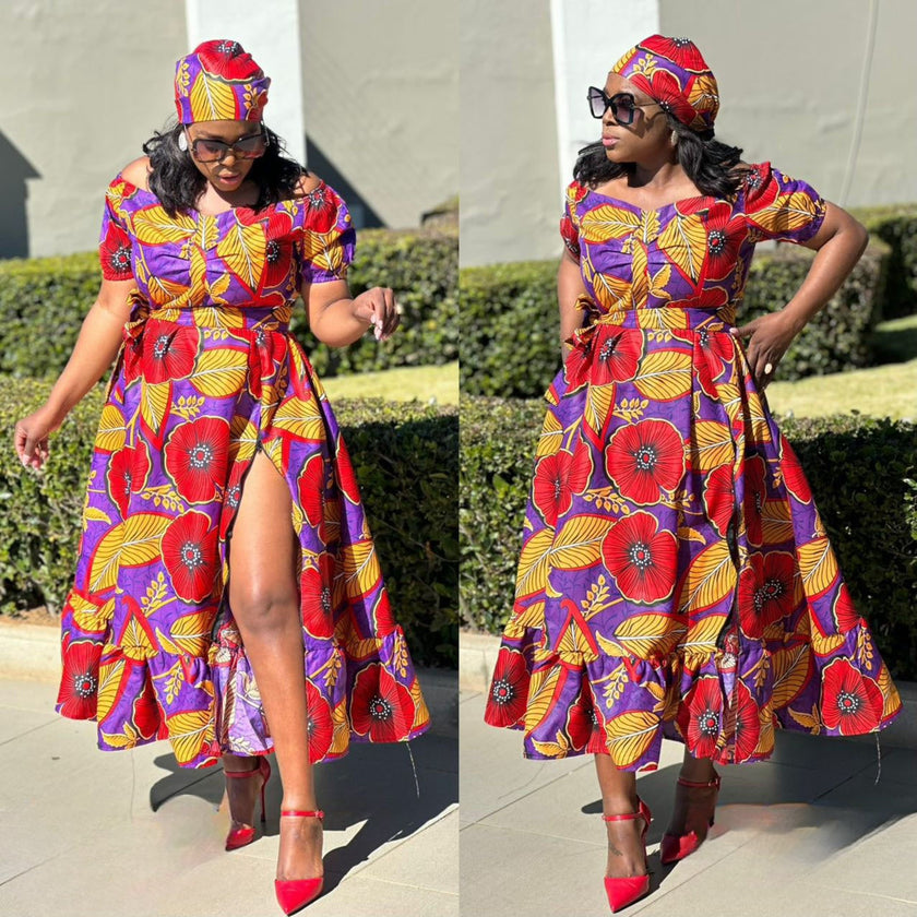 Traditional Floral Print Short Sleeve Dress with Headwrap Set