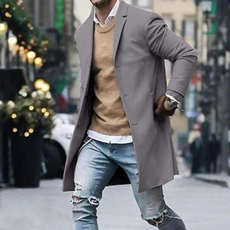 Men's Long Coat with Single-Breasted Design and Classic Tailoring