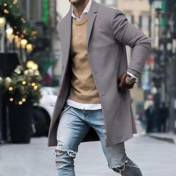Grey slim fit long coat with notch lapels and button-front closure