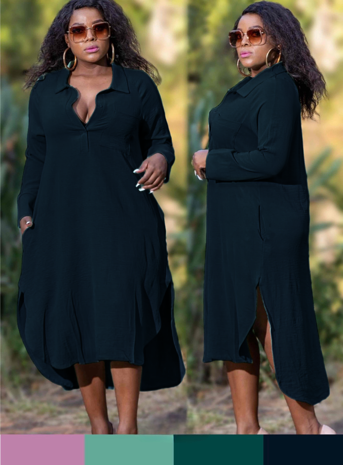 Black long-sleeve shirt dress with V-neck, button placket, midi hem, side slits