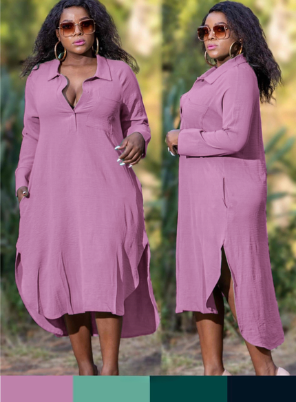 Pink long-sleeve shirt dress with V-neck, button placket, midi hem, side slits