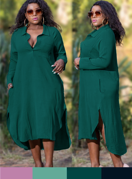Dark-green long-sleeve shirt dress with V-neck, button placket, midi hem, side slits