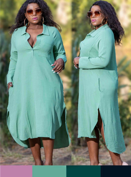 Aquamarine long-sleeve shirt dress with V-neck, button placket, midi hem, side slits