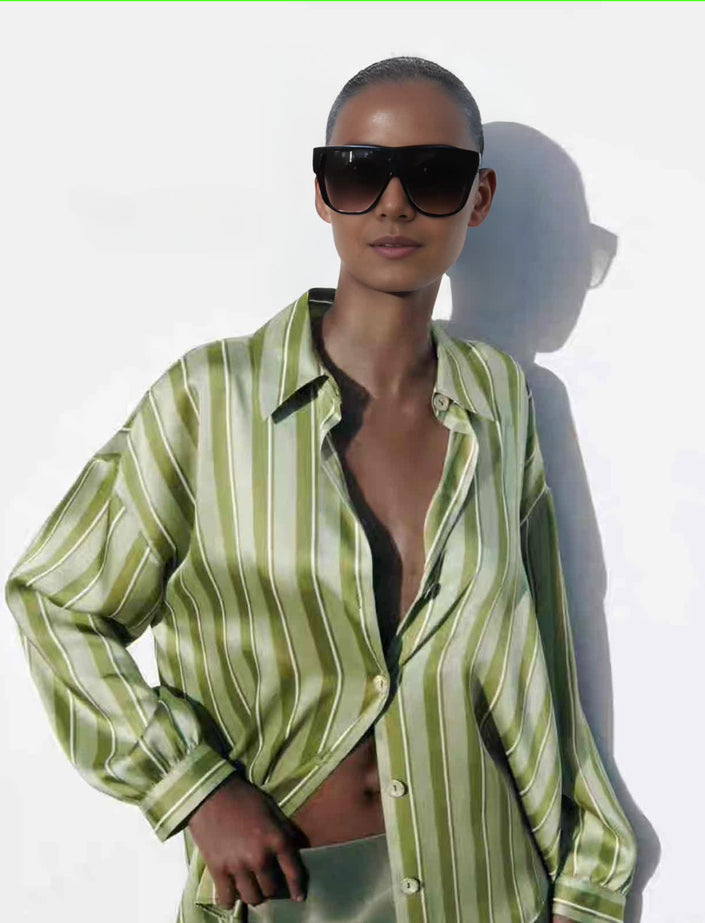 Green striped button-up shirt blouse with pointed collar and long sleeves