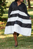 Long-Sleeve Button-Up Collared Dress with Horizontal Stripes and Flared Skirt