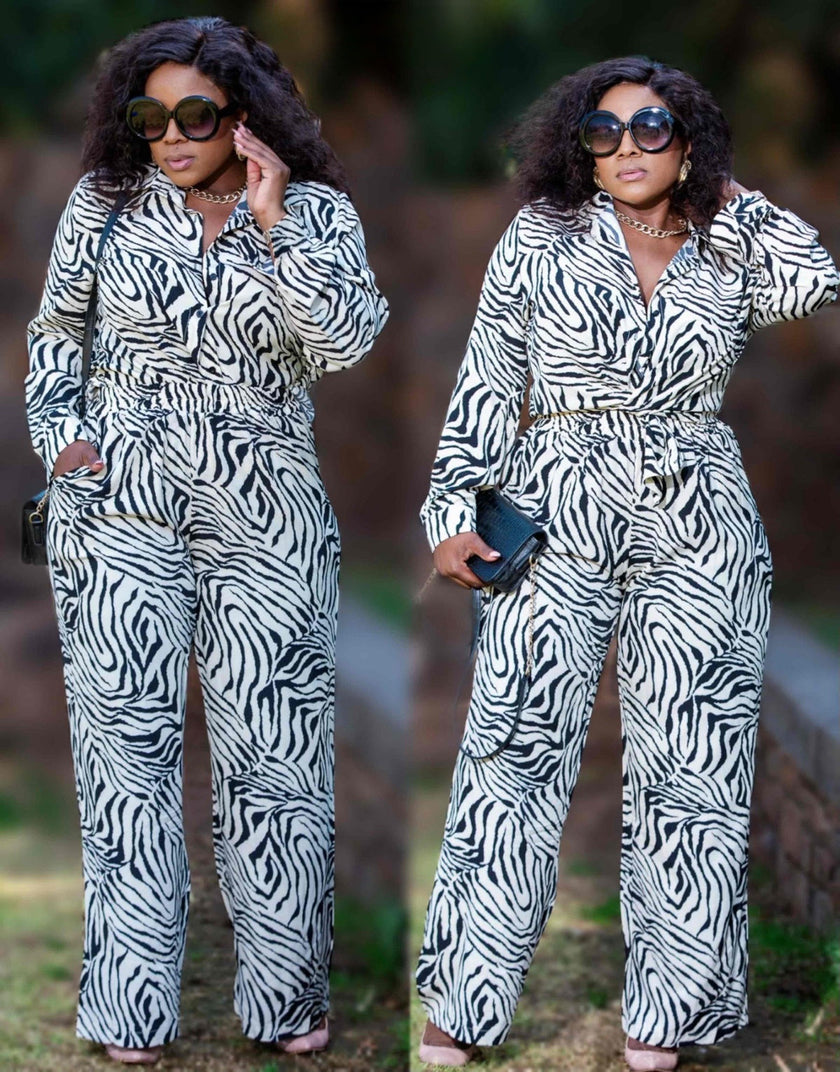 Zebra Print Two-Piece Set with Collared Button-Up Shirt and High-Waisted Pants