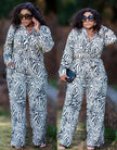 Zebra print collared shirt and high-waist pants twin set