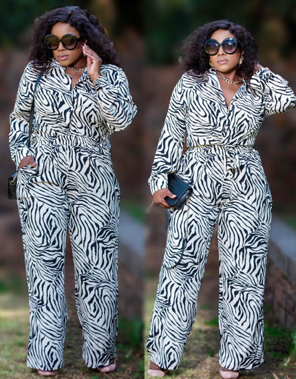 Zebra print collared shirt and high-waist pants twin set
