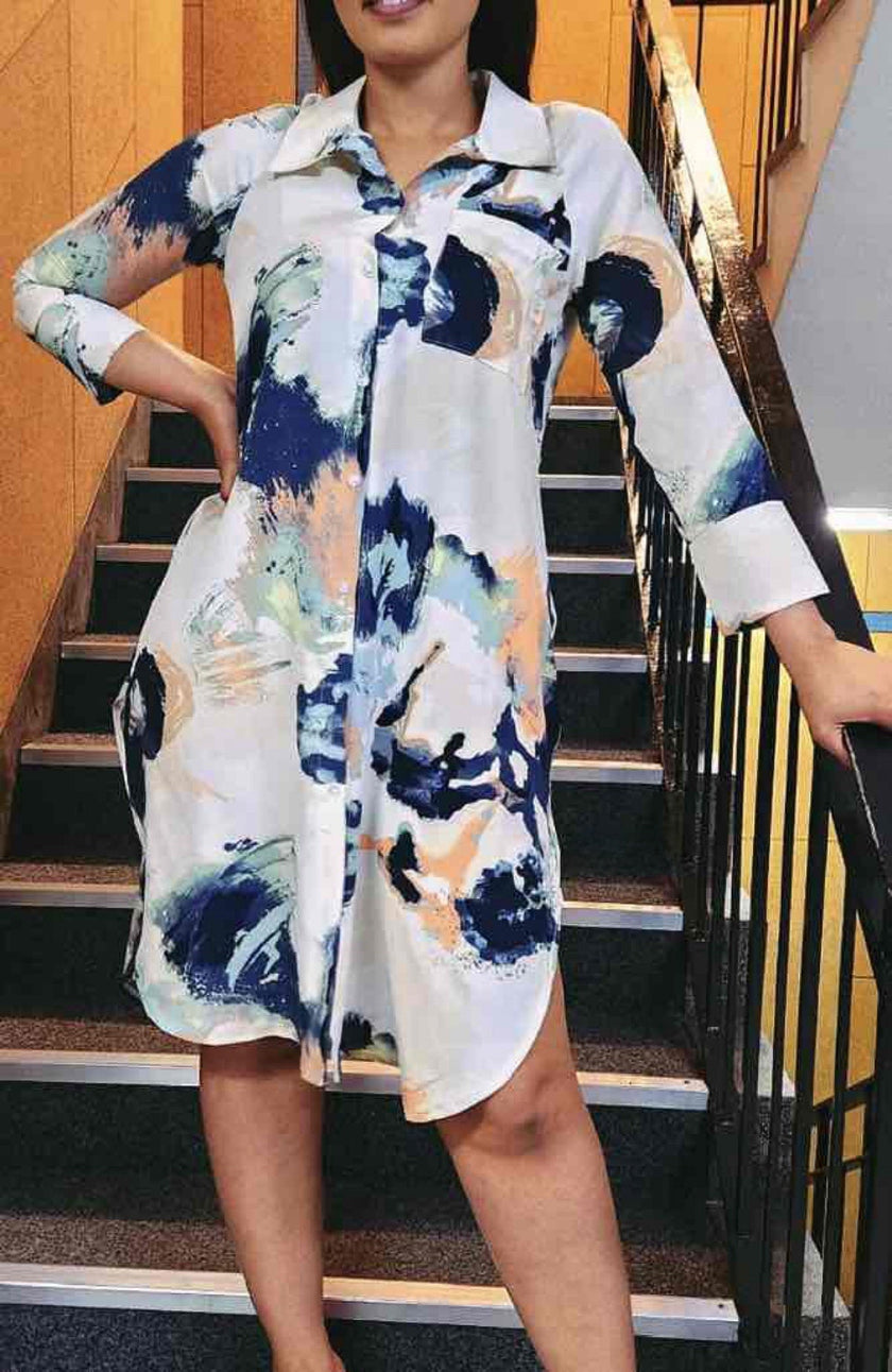 Abstract Print Long Sleeve Shirt Dress