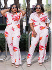 Floral twin set: button-front short-sleeve blouse and matching white trousers