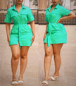 Short-Sleeve Button-Up Collared Dress with Chest Pockets and Waist Tie