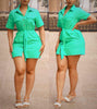 Short-Sleeve Button-Up Collared Dress with Chest Pockets and Waist Tie