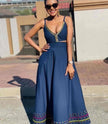 Embellished V-neck sleeveless top and long skirt set, blue with multicolor trim