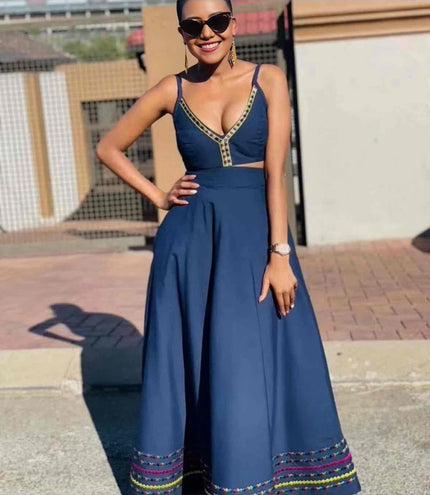 Embellished V-neck sleeveless top and long skirt set, blue with multicolor trim
