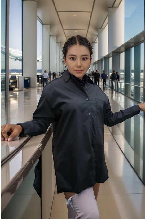 Relaxed fit shirt in black, button-up front with stand collar and long sleeves