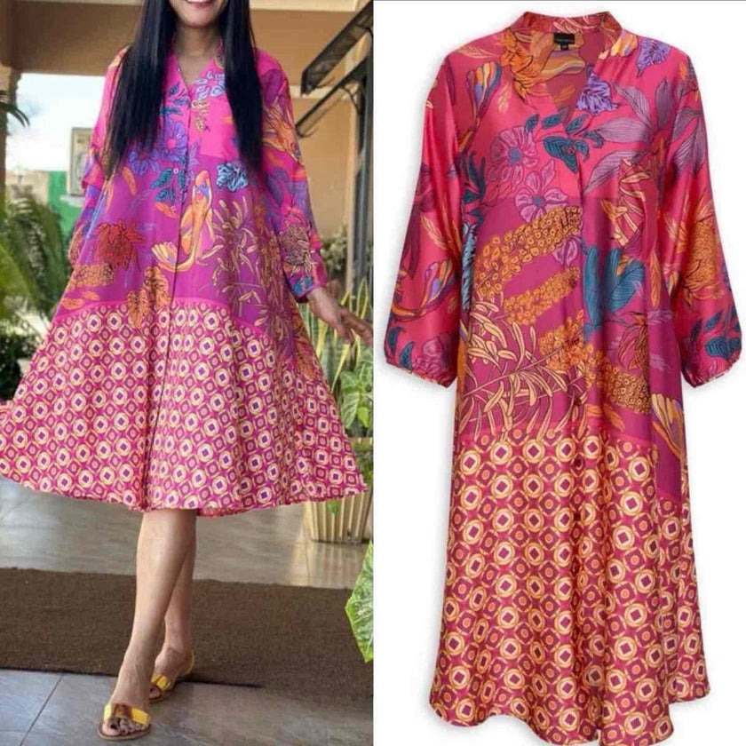 Long-Sleeve A-Line Dress with Mixed Floral and Geometric Patterns
