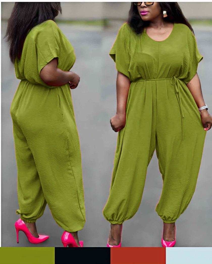 Casual Short-Sleeve Jumpsuit with Cinched Waist and Gathered Ankle Cuffs