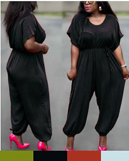 Casual Short-Sleeve Jumpsuit Cinched Waist Ankle Cuff