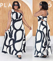 One-shoulder abstract maxi dress, black and white swirl pattern.