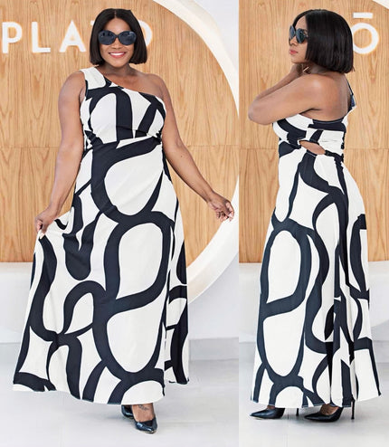 One-shoulder abstract maxi dress, black and white swirl pattern.