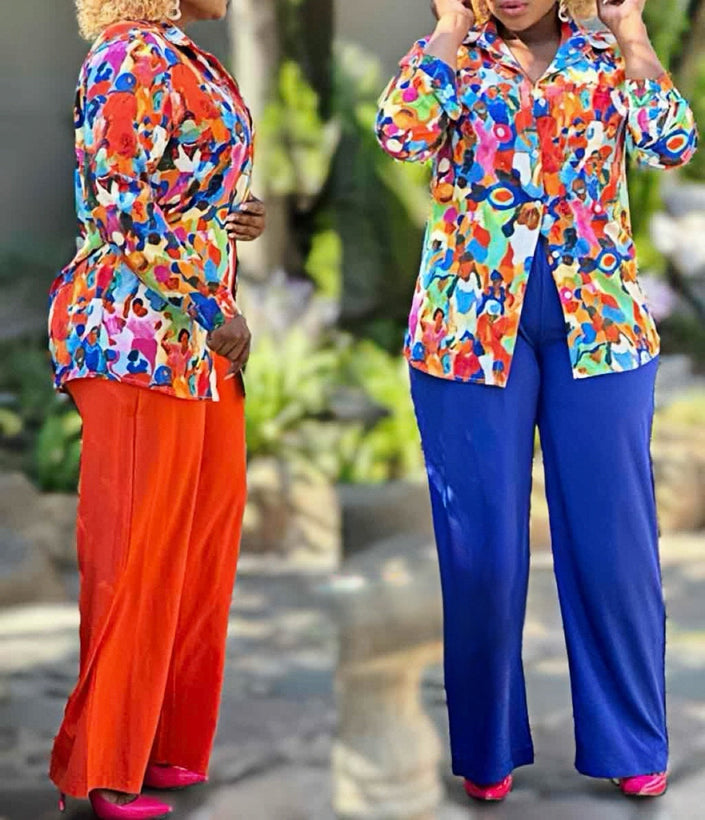 Multicolor floral blouse with blue wide-leg pants set