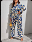 Animal print twin set with blue-and-cream shirt and wide-leg trousers