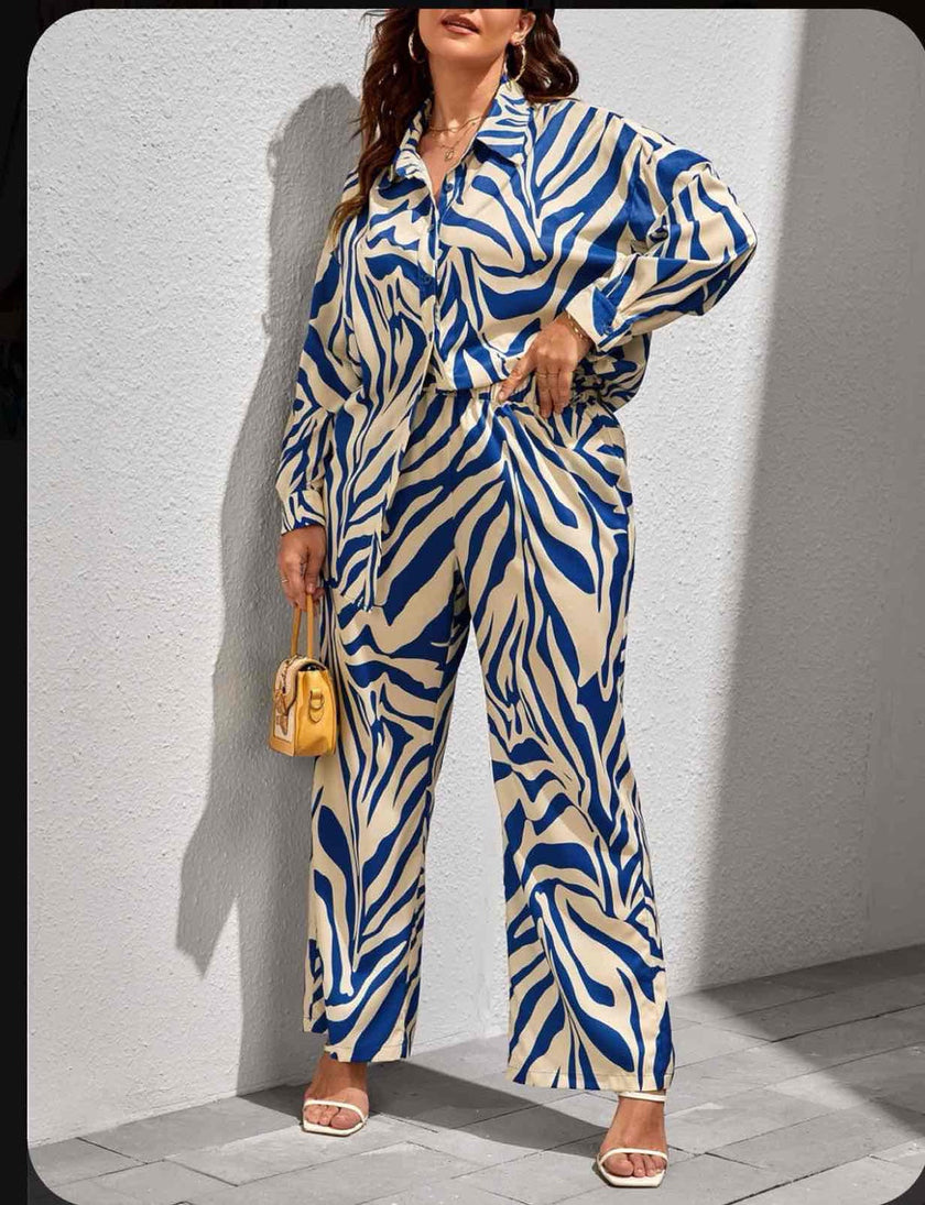 Animal print twin set with blue-and-cream shirt and wide-leg trousers