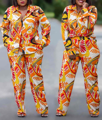 Tropical leaf print shirt and trouser set, orange yellow red, long sleeves and matching pants