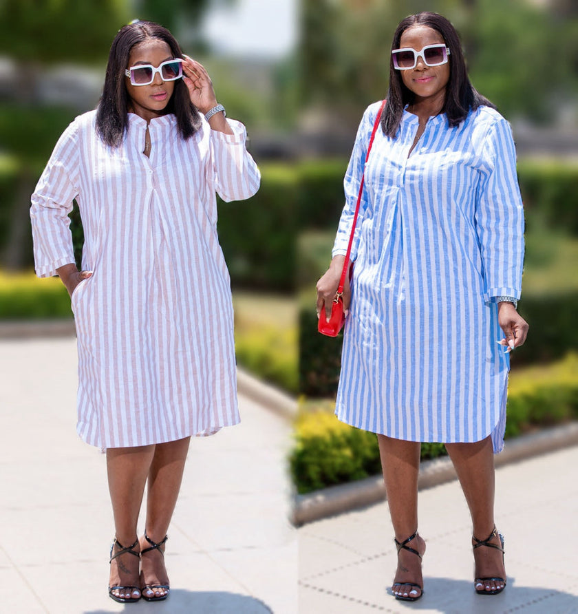 Long-Sleeve Collared Shirt Dress in Vertical Stripes