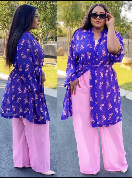 Floral Pattern Top with Wide Sleeves and Waist Tie Paired with Wide-Leg Pants Set