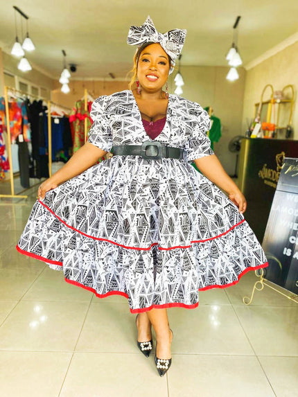 Dress Geometric Red Hem Traditional Short Sleeve Chic