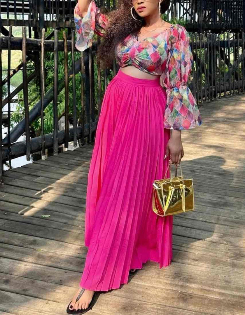 Floral Puff-Sleeve Cropped Top & Pleated Maxi Skirt Set