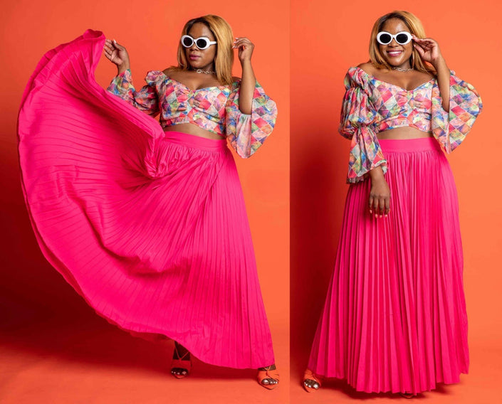 Floral crop top and pleated maxi skirt set, bright pink pleated skirt