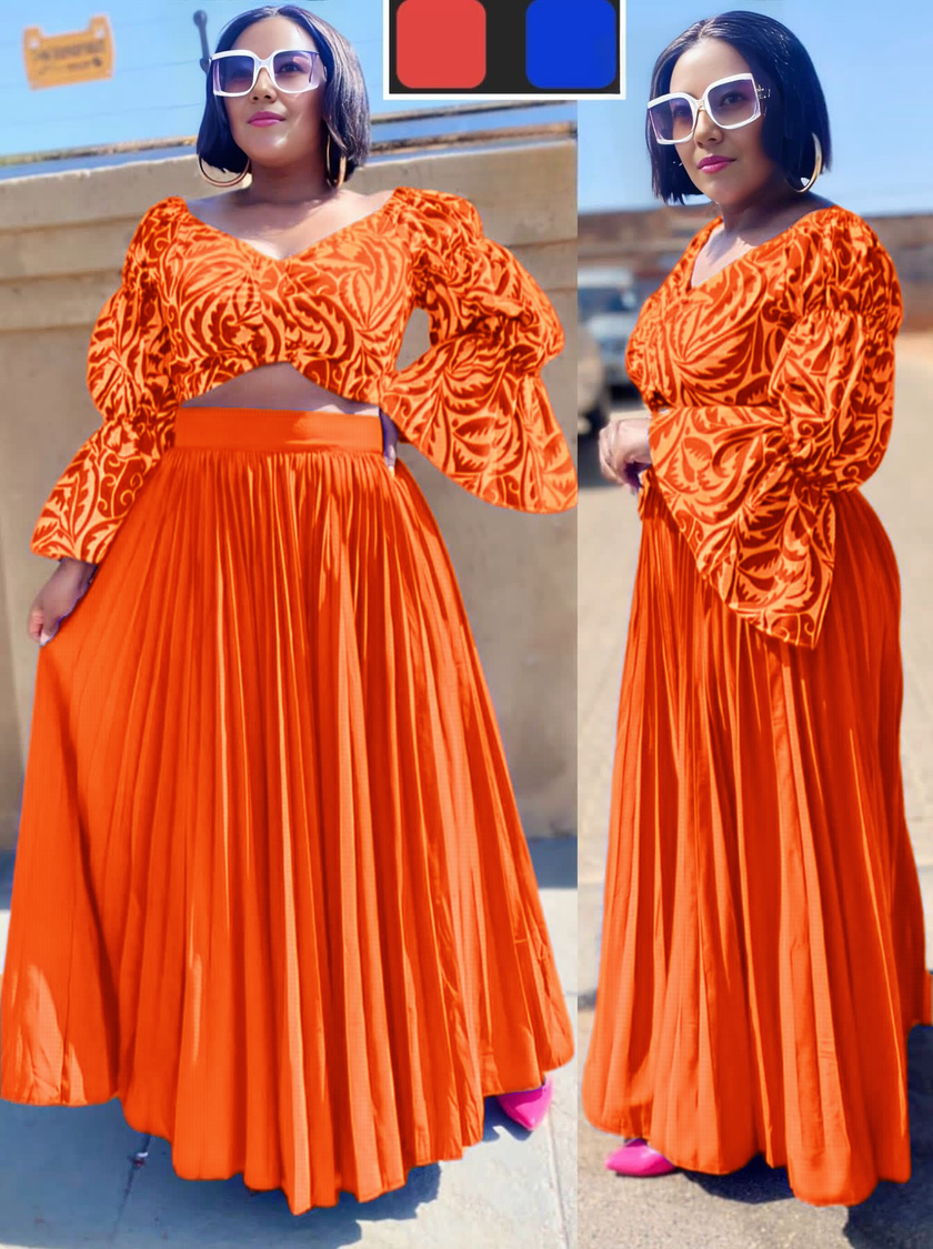 V-Neck Puff Sleeve Blouse & Pleated A-Line Maxi Skirt Set