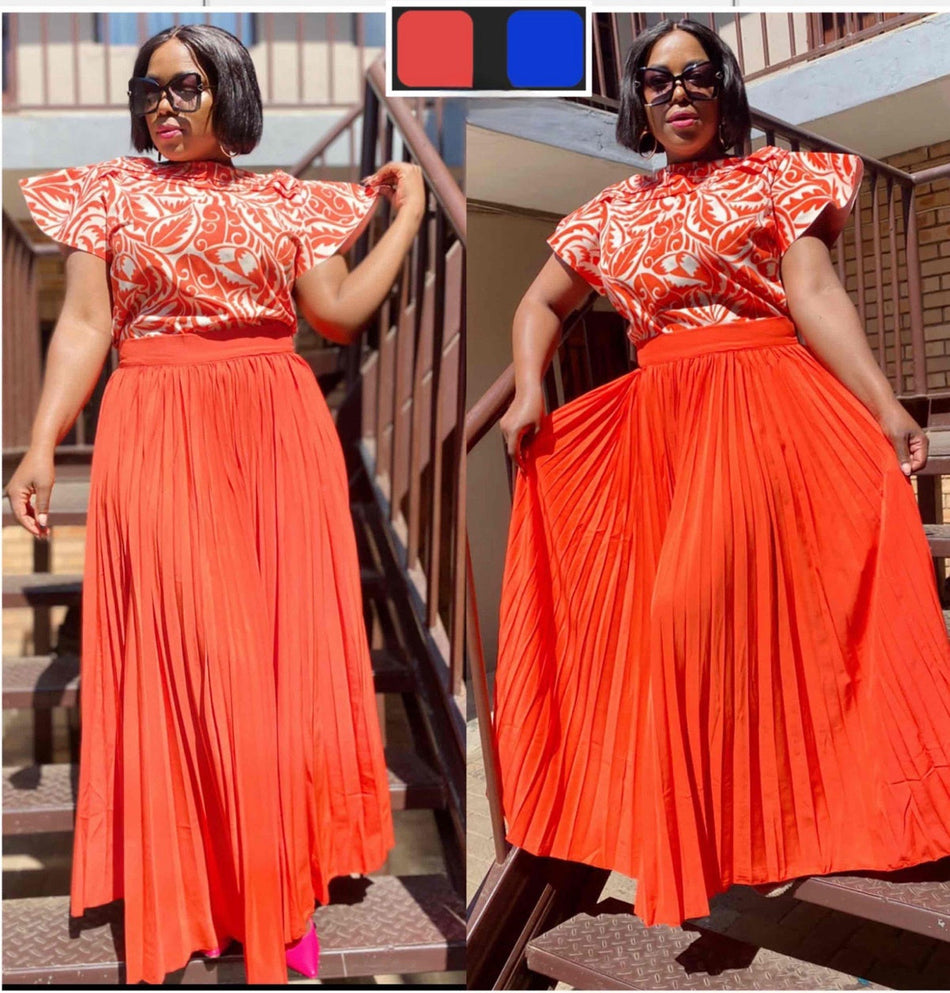 Pleated maxi skirt with puff-sleeve top, coral orange-red